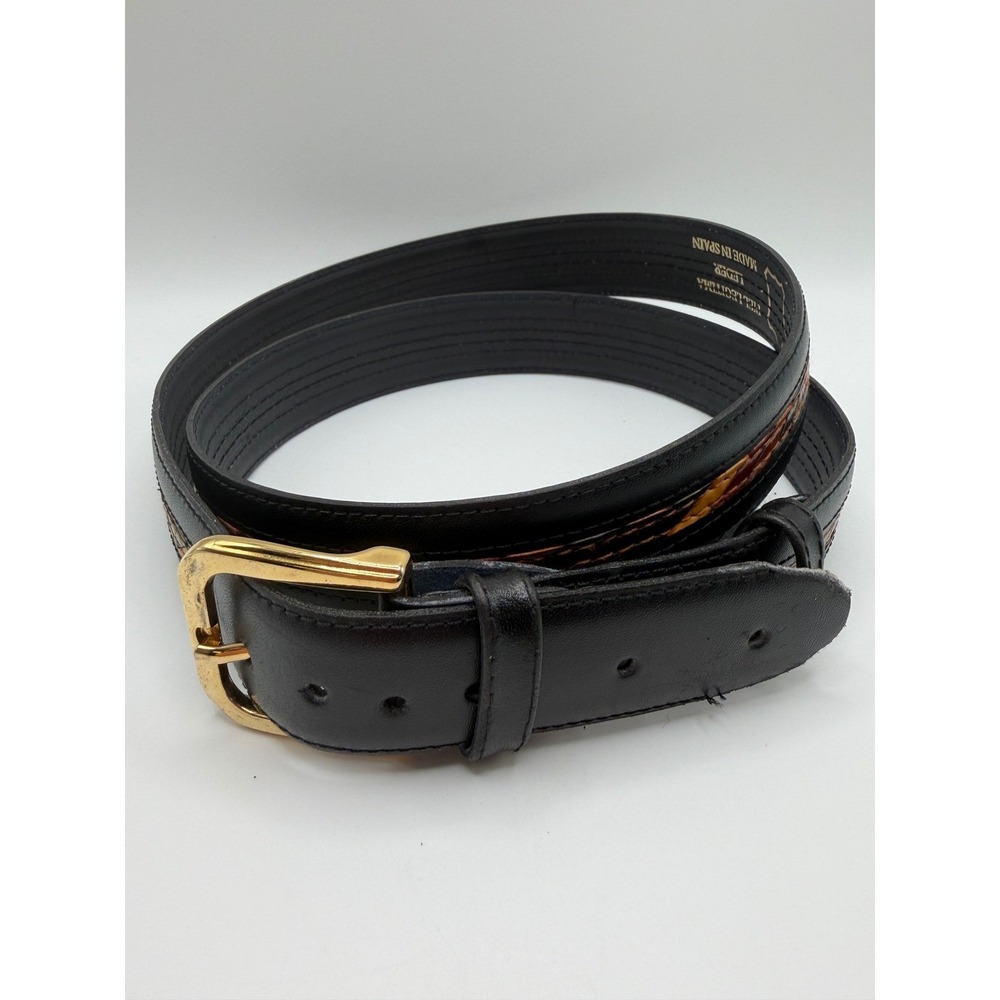 VTG Genuine Leather Belt Multi Color Braided Exotic Inlay Gold Buckle Western ML